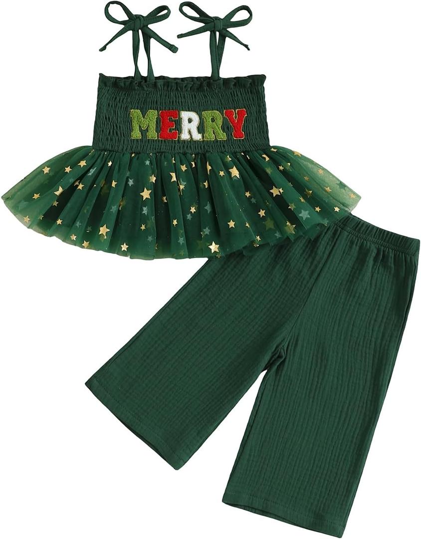 FIOMVA Christmas Toddler Baby Girl Outfit Spaghetti Strap Top Linen Pant Set Kids Little Girls Xmas Dress Clothes (18-24 Months, Xmas Merry Green)