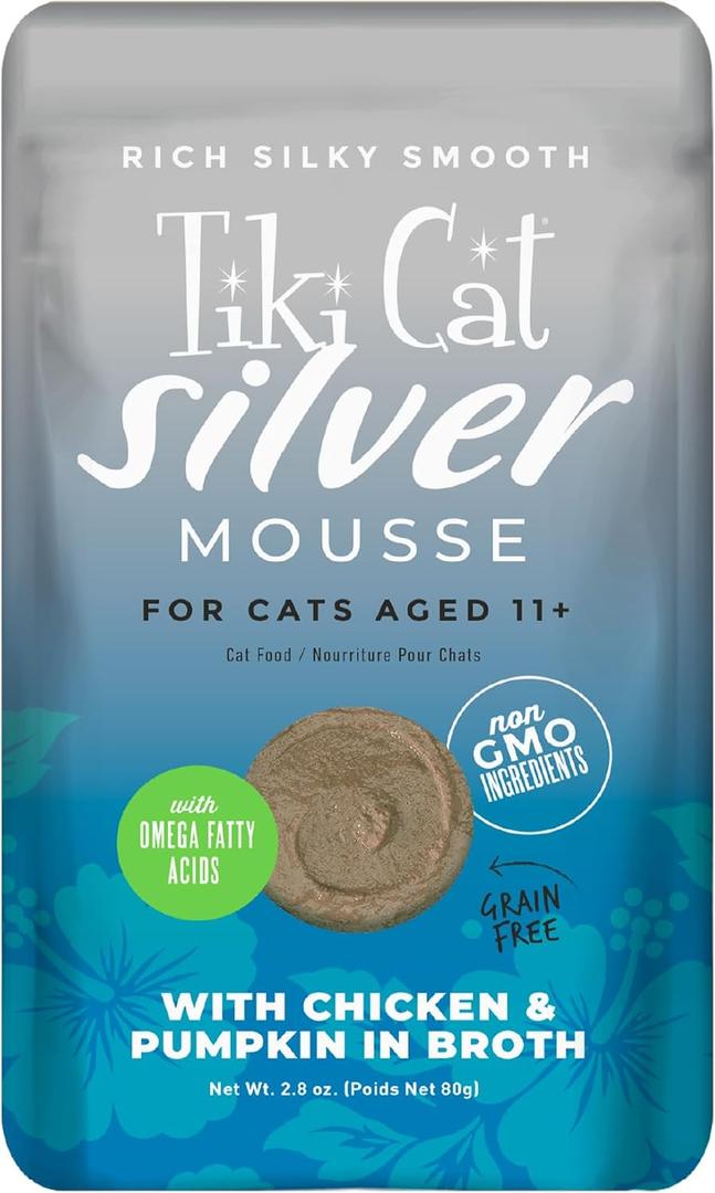 TIki Cat Silver Mousse, With Chicken & Pumpkin In Broth, Silky Smooth Nutrient Rich Formulated for Older Cats Aged 11+, 2.9 oz. Pouch (12 Count), Best By 05/14/2025
