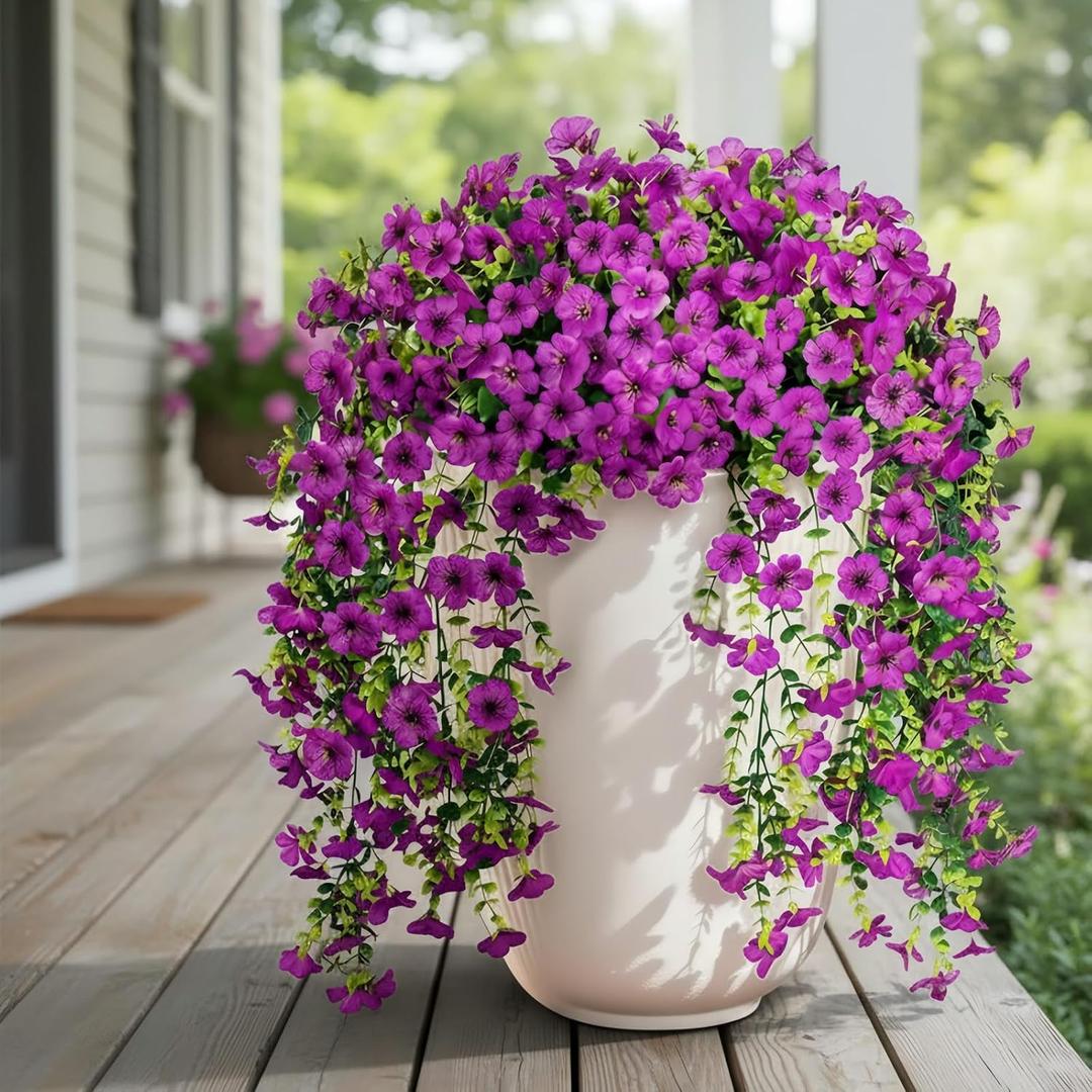Artificial Fake Hanging Flowers Plants for Outdoor Spring Summer Decoration, UV Resistant Look Real for Home Outside Planter Porch Decor (Purple-2Pack)