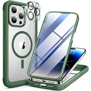 Miracase Magnetic for iPhone 14 Pro Case 6.1 inch, (Compatible with MagSafe) Upgrade Full-Body Clear Phone Bumper Case with Built-in 9H Tempered Glass Screen Protector, Magnetic Acacia Green