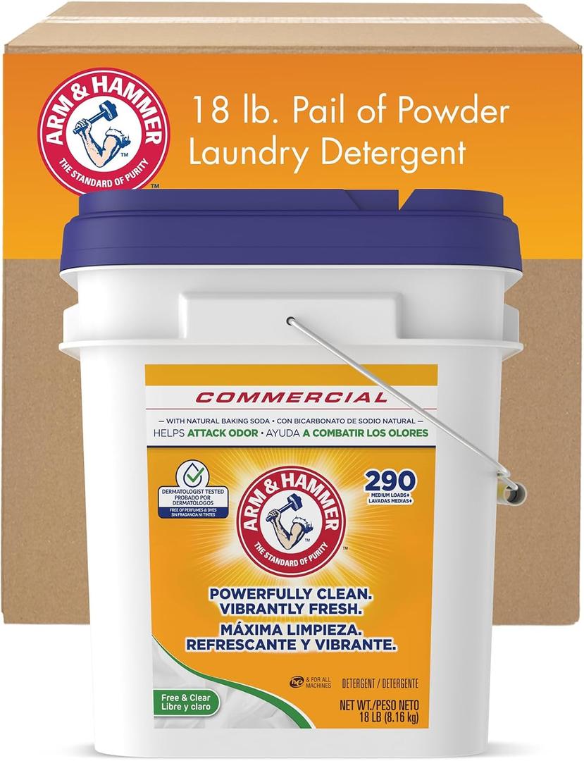 Arm & Hammer Powder Laundry Detergent, Professional Soap for Washing Clothes, 290 Loads, Free and Clear, Bulk 18lb Pail