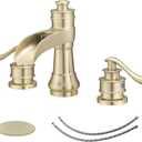 BWE 8 Inch Widespread Bathroom Faucet Brushed Gold Waterfall Bathroom Faucet 3 Hole 2 Handle Modern Basin Lavatory Vanity Sink Faucet with Pop Up Drain Assembly and Supply Hose (6.81 inch Widespread Version)