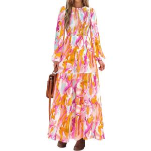 PRETTYGARDEN Women's Spring Dresses 2026 Long Sleeve Flowy Casual Floral Maxi Dress Crew Neck Smocked Tiered Long Dress, Size XXL