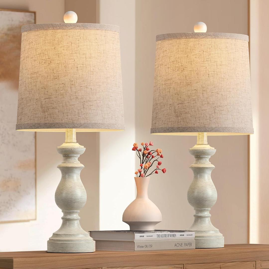 PARTPHONER Traditional Table Lamp Set of 2, Rustic Farmhouse Table Lamps for Living Room Bedroom, 22" Bedside Desk Lamps Vintage Nightstand Lamps with Linen Shades, Antique White
