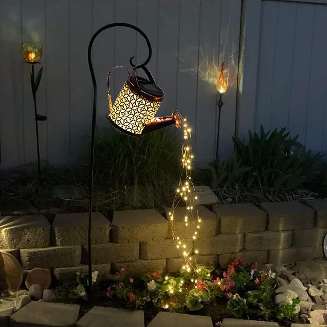 Garden Shower Light Solar Powered Watering Can with Lights Star Light LED Outdoor String Fairy Lights Waterfall with Bracket for Home Path Patio Yard Lawn, White