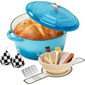 Enameled Cast Iron Dutch Oven with Lid -6.5 QT, incl. Sourdough Bread-Baking Supplies like Banneton Proofing Basket, Heavy-Duty Cookware Bread-Oven for Baking, Stews, and Roasting, Sea Blue