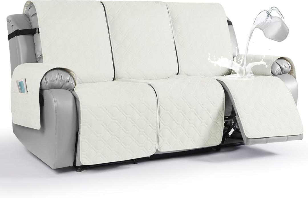 VANSOFY Waterproof Recliner Couch Covers, Sofa Covers 1-Piece Washable Reclining Sofa Cover Non-Slip Furniture Protector with Elastic Straps Pocket for Dogs, Pets(Off White,3 Seater)