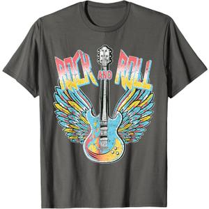 Vintage Retro 80s Rock & Roll Music Electric Guitar Wings T-Shirt (Small, Gray)