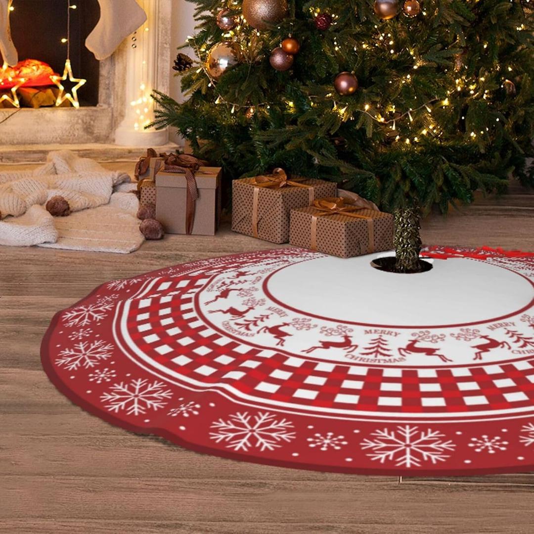 Christmas Tree Skirt, Red Tree Skirts 48 Inch with Snowflake Reindeer Rustic Farmhouse Xmas Tree Skirt Christmas Decorations for Holiday Party Decor