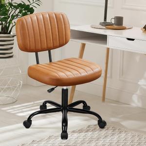 DUMOS Armless Home Office Desk Chair -Small Ergonomic with Low Back Lumbar Support, Height Adjustable PU Leather Computer Task with 360 Swivel Rolling Wheels, for Small Space, Brown