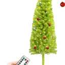 5FT Whimsical Lime Green Christmas Tree with 150 LED Timer Lights and Balls Ornament, Bendable Artificial Pencil Tree with Metal Base for Home Office Apartment Holiday Party Decoration