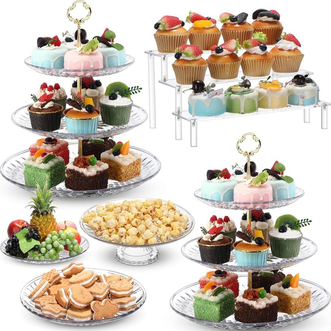 6 Pcs Acrylic Cake Stands Set Include Display Risers Cupcake Tower and Clear Round Dessert Trays Cake Table Holder for Wedding Baby Shower Decoration (Vivid Style)