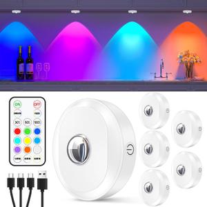 WILLED RGB Rechargeable Puck Lights with Remote Control, Under Cabinet Lighting Wireless, Dimmable Push Lights, Multicolor and Timing Function, LED Puck Lights for Kitchen, Cabinet and Shelf(6 Pack) (White)