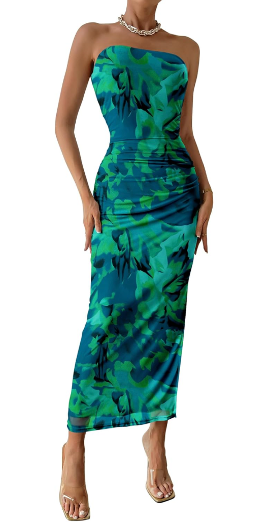 PRETTYGARDEN Women's Summer Maxi Bodycon Dresses Strapless Tube Top Slit Floral Printed Party Club Long Dress M