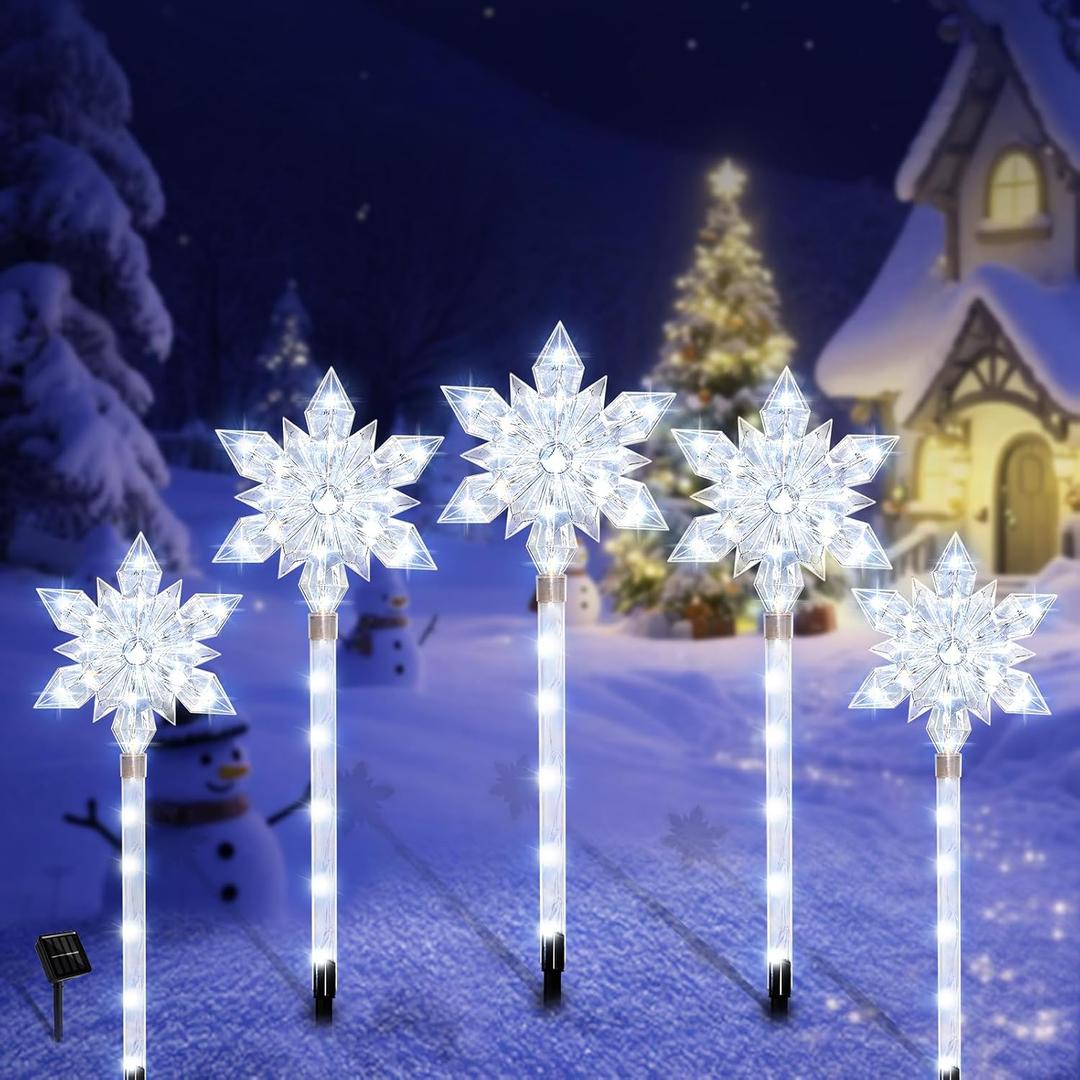 Snowflake Solar Christmas Pathway Lights, Set of 5 LED Outdoor Stake Lights, Waterproof Christmas Decorations for Garden, Yard, Lawn, Walkway, Patio Decor (5pcs Cold White)