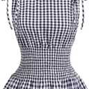Women's Gingham Tie Shoulder Tank Tops Sleeveless Shirred Ruffle Hem Shirts (Large, Blue)