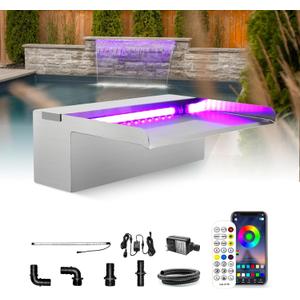 LONGRUN Stainless Steel Waterfall Spillway, APP Control Multi-Color LED Light Outdoor Pool Fountain, Water Spillway Koi Pond Waterfalls Fountains Kit for Garden Patio Swimming Pool Decoration-11.8" LONGRUN Stainless Steel Waterfall Spillway, APP Control Multi-Color LED Light Outdoor Pool Fountain, Water Spillway Koi Pond Waterfalls Fountains Kit for Garden Patio Swimming Pool Decoration-11.8"