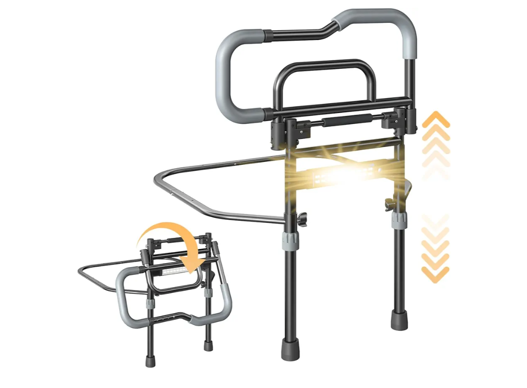 Bed Rails for Elderly Adults Safety, Foldable Bed Assist Rails for Seniors with Sensor Light & Storage Pocket, Adjustable Height, 180° One-Hand Folding Bed Side Rails Fit King Queen Full Twin