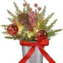 Prsildan Christmas Table Tree Decorations Mini Trees with Lights Christmas Ball for Centerpieces Decor, Artificial Tree with Pine Cone Red Berries for Office Kitchen Tabletop Desk Indoor Holiday