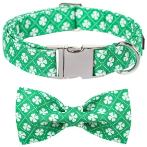 Maca Bates St. Patrick's Day Shamrock Dog Collar,Fancy Bow Tie,Medium Girl Boy Dogs, Checkered Lucky Clover Pattern,Adjustable Durable Soft Checkered Collars Irish Gift for Male Female Puppy