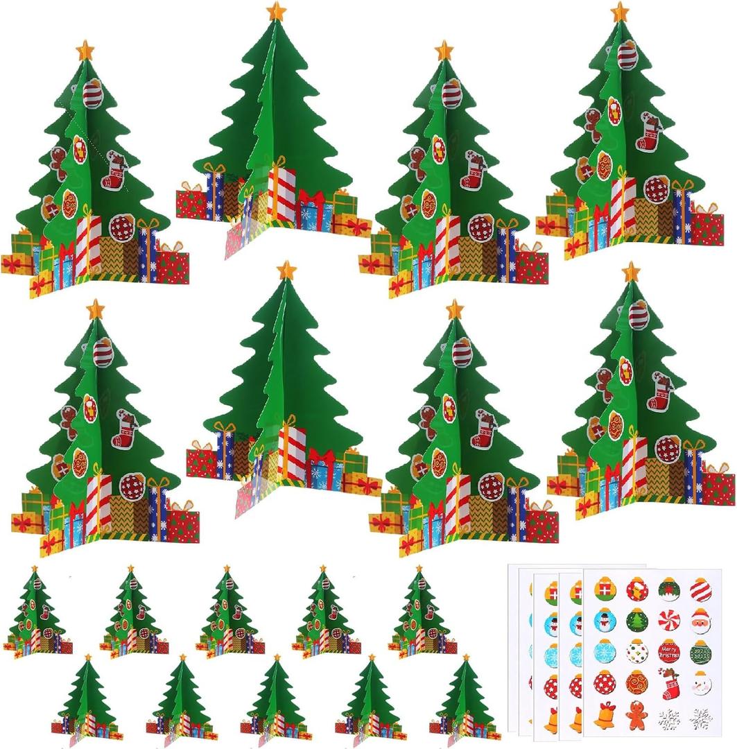 Motipuns 12 Sets DIY Christmas Tree Paper Craft Kits with Stickers Collapsible Paper Tabletop 3D Christmas Tree Ornament Kit for Home Xmas Holiday Fun Activities
