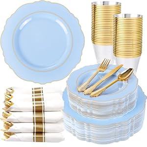 Liacere 350PCS Bule Plastic Plates - Disposable Bule and Gold Plates 50guest Baroque Plastic Dinnerware include 100Plates, 50Pack Pre Rolled Napkins with Silverware 50Cups for Wedding&Easter