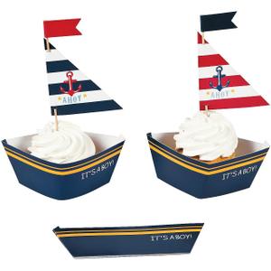 Nautical Baby Boy Shower Cupcake Collars and Cupcake Toppers Cupcake Picks Decoration Set - 50 Sets - Its a Boy Baby Shower Party Supplies - Nautical Baby Shower Decoration