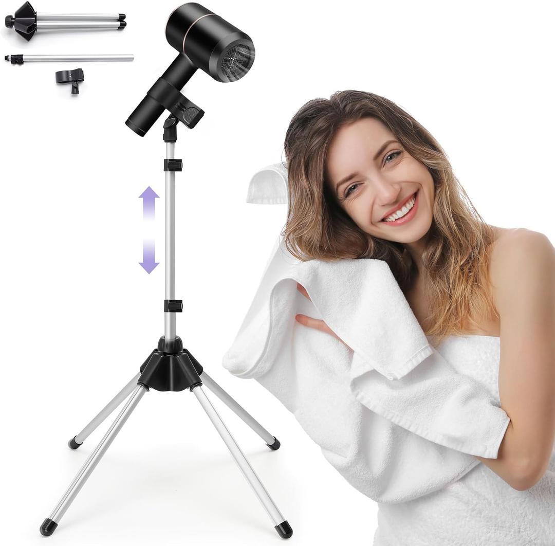 BShome Adjustable Hair Dryer Stand, 2959 Inch Hair Dryer Holder with Tripod and Universal Clip, 360Degree Rotating Blow Dryer Stand for Bathroom, Vanity, Makeup Room