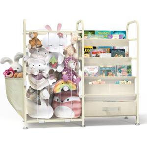 Toy Storage with Kids Bookshelf, Large Stuffed Animal Storage Toy Organizer with Pocket, 3-Tier Book Shelf for Rooms, Nursery, Playroom, Bedroom, White