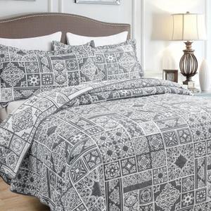 Asuexpect 3 Piece Grey Patchwork Bedspread Sets King Size, Boho Reversible Jacquard Bedding Set for All Season, Soft Lightweight Comforter Bedspread Coverlet Set (106''x96'') with 2 Shams