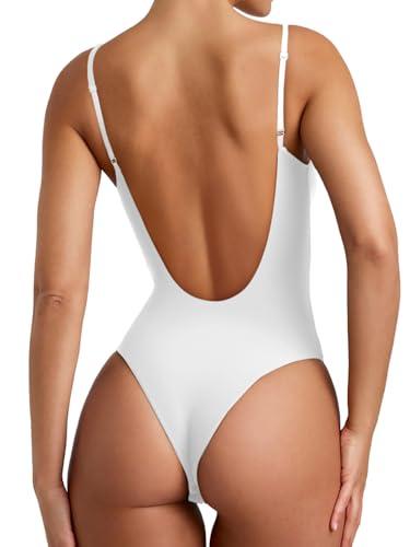 REORIA Womens Summer Sexy Open Back V Neck Spaghetti Strap Cami Double Lined Backless Trendy Thong Bodysuit Top (White, Medium)