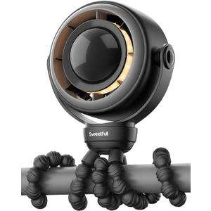 SWEETFULL Baby Stroller Fan - 4000mAh Rechargeable 4-Speed Quiet with LED Display & Night Light, Mini Portable 360 Clip On Safe Fan for Car Seat, Crib, Travel - Black