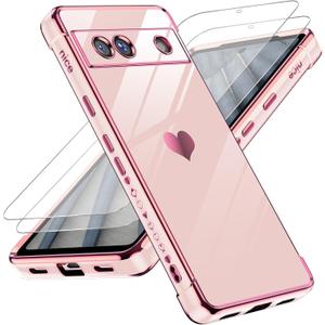 LeYi for Google Pixel 7A Case: with Tempered Glass Screen Protector [2 Pcs]+ Full Camera Lens Protection, Love Heart Plating Girly Women Cute Luxury Soft TPU Shockproof Case, Pink
