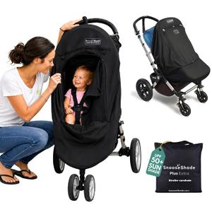 SnoozeShade Plus Extra, Stroller Sun Shade, Mosquito Net for 6m+ Babies, Blocks 99% of UV (UPF 50+) Universal Fit Blackout Sleep Cover with Peekaboo Window, Breathable Mesh Canopy for Single Strollers