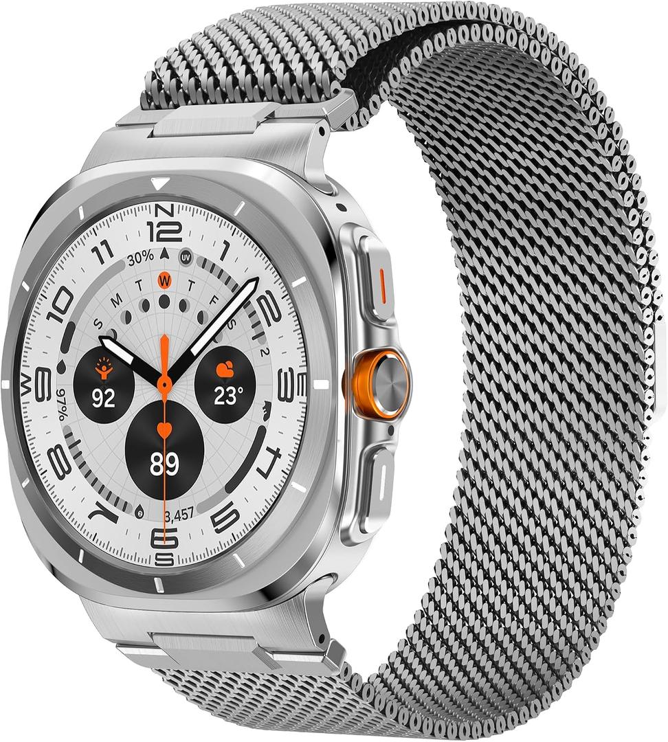 Rugged Stainless Steel Milanese Loop Compatible for Galaxy Watch Ultra 47mm/Watch 8/8 Classic, Strong Magnetic Clasp Metal Strap for Men Women, Adjustable Milanese Mesh Band for Galaxy Watch Ultra Bands/Galaxy Watch 8 Band