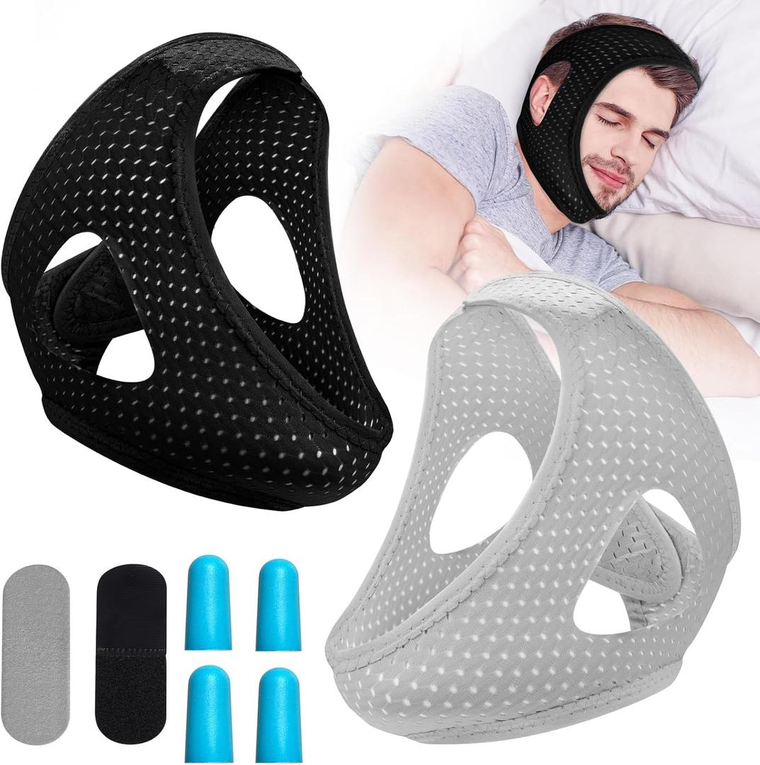 Snoring Chin Strap for Users,Anti Snoring Chin Strap for Sleeping, 2 Pack Adjustable Jaw Support Strap to Keep Mouth Closed, Snoring for Men Women, Comfort Fit Nighttime Sleeping Aid (Black+grey)