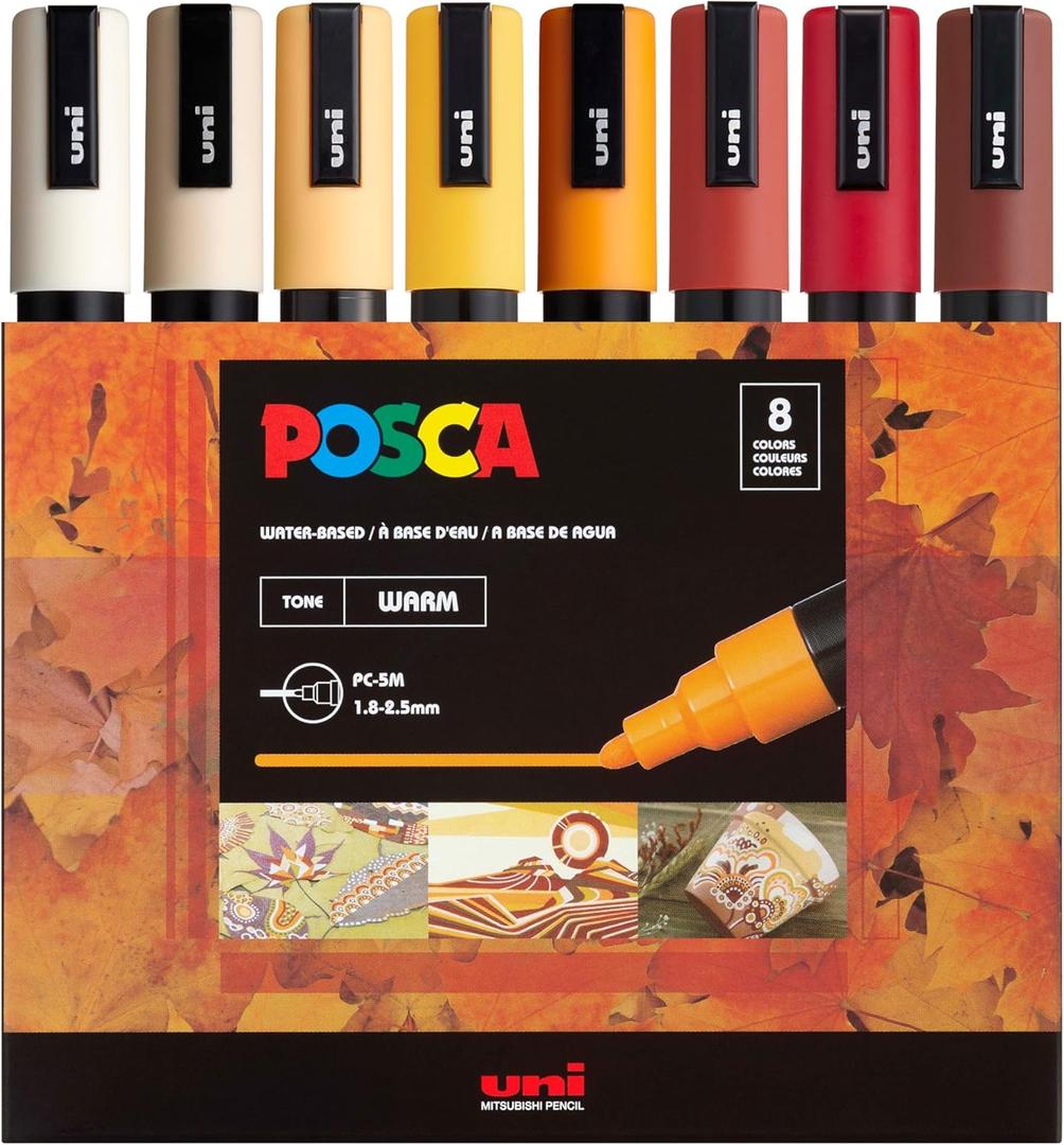 Posca Markers Set, 8 Medium Paint Markers 5M  Warm Tones  Ivory, Beige, Apricot, Ochre, Bright Yellow, Ruby Red, Dark Red, Cacao Brown