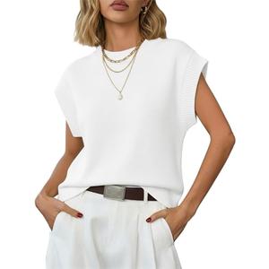 Womens Sleeveless Sweater Vest Crewneck Cap Sleeve Knit Tops Trendy Summer Fall Business Casual Shirts Tank Top, XL