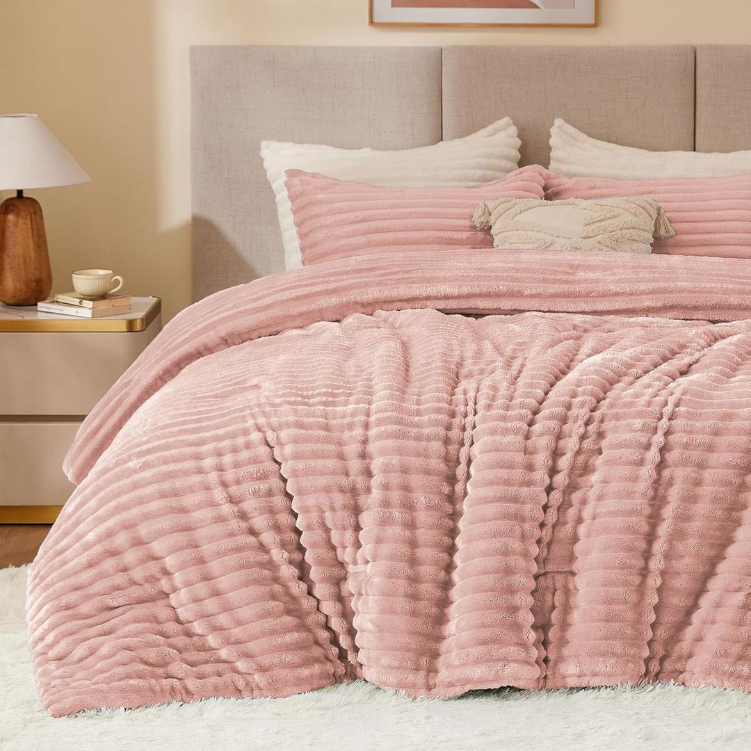 BEDELITE Fleece Full Comforter Set -Super Soft & Warm Fluffy Dusty Pink Bedding, Luxury Fuzzy Heavy Bed Set for Winter with 2 Pillow Cases