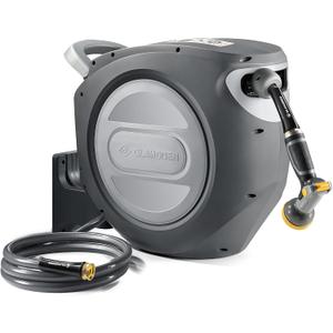 Retractable Garden Hose Reel 5/8 in x 75 ft Upgraded UV Resistant Heavy Duty Automatic Hose Reel Wall Mount 3/4 in Brass Fitting 9 Pattern Nozzle Any Length Lock Slow Retraction 180° Swivel