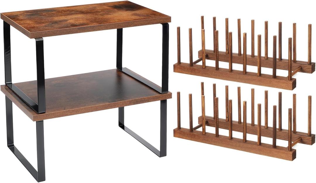 Marsui 4 Pcs Kitchen Organizer Accessories Set Cabinet Organizer Shelf and Bamboo Dish Drying Plate Rack Counter Shelves Storage Holder for Spice Rack, Dish, Pot Lid, Bowl, Cup (Deep Color)