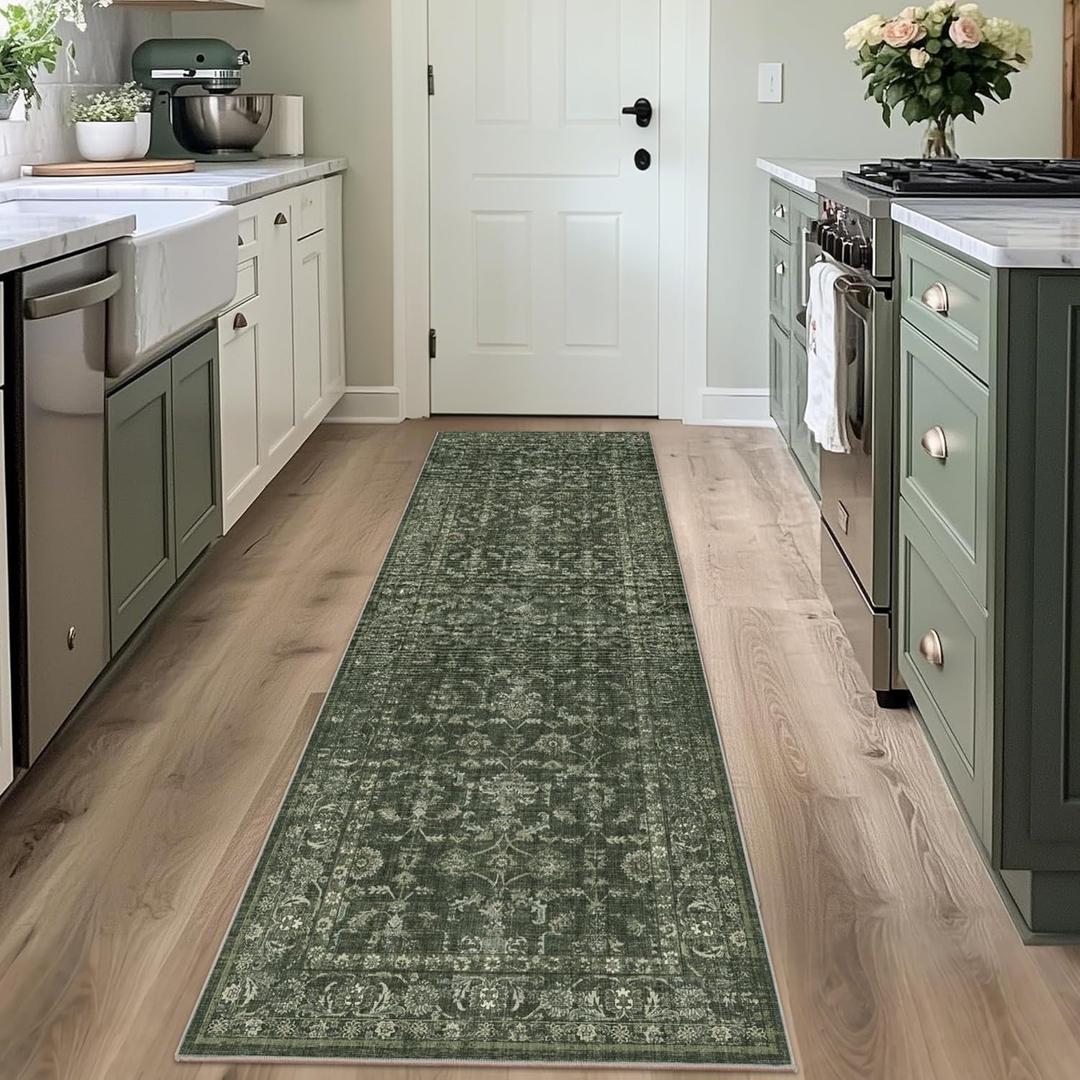 Washable Area Rug 2x6 Green Runner Rugs for Living Room, Vintage Boho Hallway Large Rug for Bedroom Dining Room Office, Distressed Floral Carpet for Under Table, Soft Non Slip Low Pile Throw Carpet