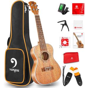 Ukulele Concert Mahogany Bundle 23 inch Ukelele for Beginners Adults Professional Four String Wooden Hawaiian Starter Uke Kit, by Vangoa (Natural)