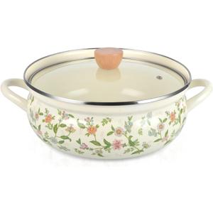 Enamel Stock Pot with Lid, Floral Retro Cooking Pot for Stove Non Stick Soup Pot, Induction Pasta Pot, All Stove Compatible (Style 1)