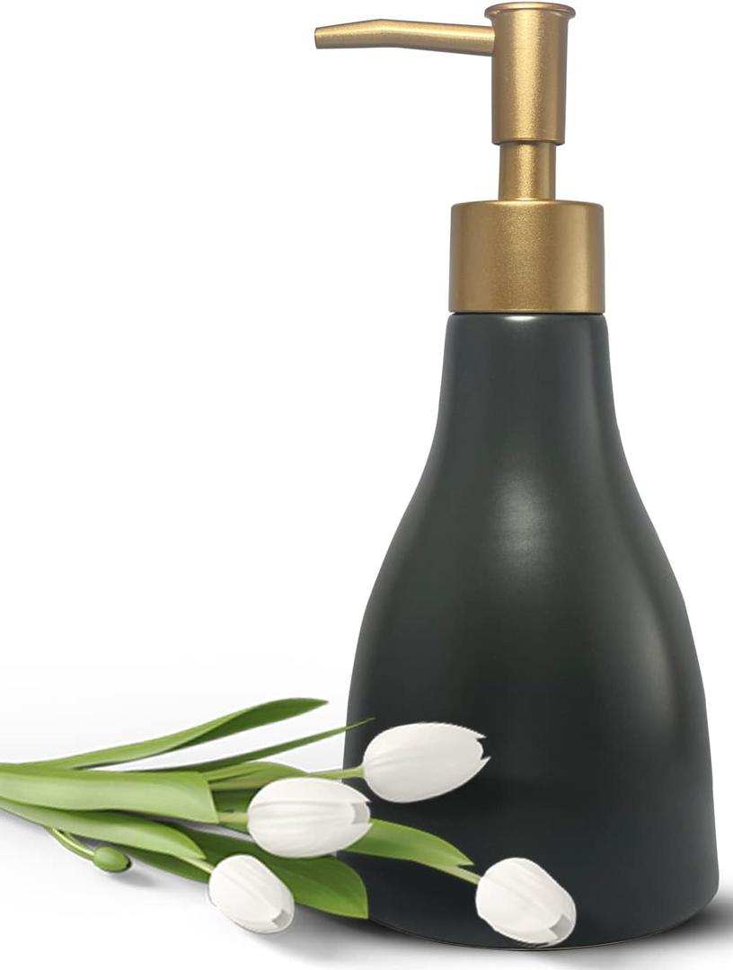 280ml Liquid Soap Dispenser for Bathroom with Gold PumpDish Soap Dispenser for KitchenRefillable Countertop Lotion Ceramics Black Hand Soap Dispenser for Shower (Cone Black Bottle)