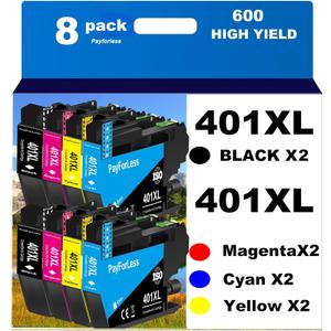 PayForLess LC401XL Ink Cartridges for Brother Printer Compatible LC401 Ink Cartridges for MFC-J1010DW MFC-J1012DW MFC-J1170DW Printer 8 Pack (2 Black, 2 Cyan, 2 Magenta, 2 Yellow)