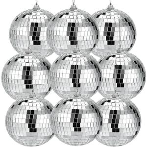 Suwimut 9 Pack Mirror Disco Ball, 4 Inch Small Mirror Ball Ornaments Silver Hanging Disco Balls with Attached String for Reflect Light, Party Favor, Home Bands Decorations, Stage Props, Christmas
