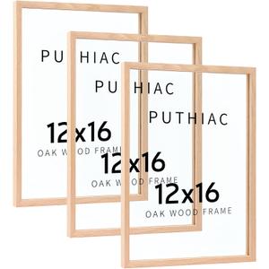 puthiac 12x16 Floating Picture Frames - 12"x16" Oak Wood Picture Frame, Double-Sided Tempered Glass Floating Picture Frames 11x14,9x12,8.5x11,8x10,5x7,4x6 Wood Frame(Set of 3) (Beige)