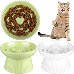 Tioncy 2 Pcs Raised Cat Slow Feeder Bowl Ceramic Elevated Cat Dog Food Bowl No Spill High Edge for Dry Wet Food and Water Easy to Clean, Dishwasher Safe(White, Green)