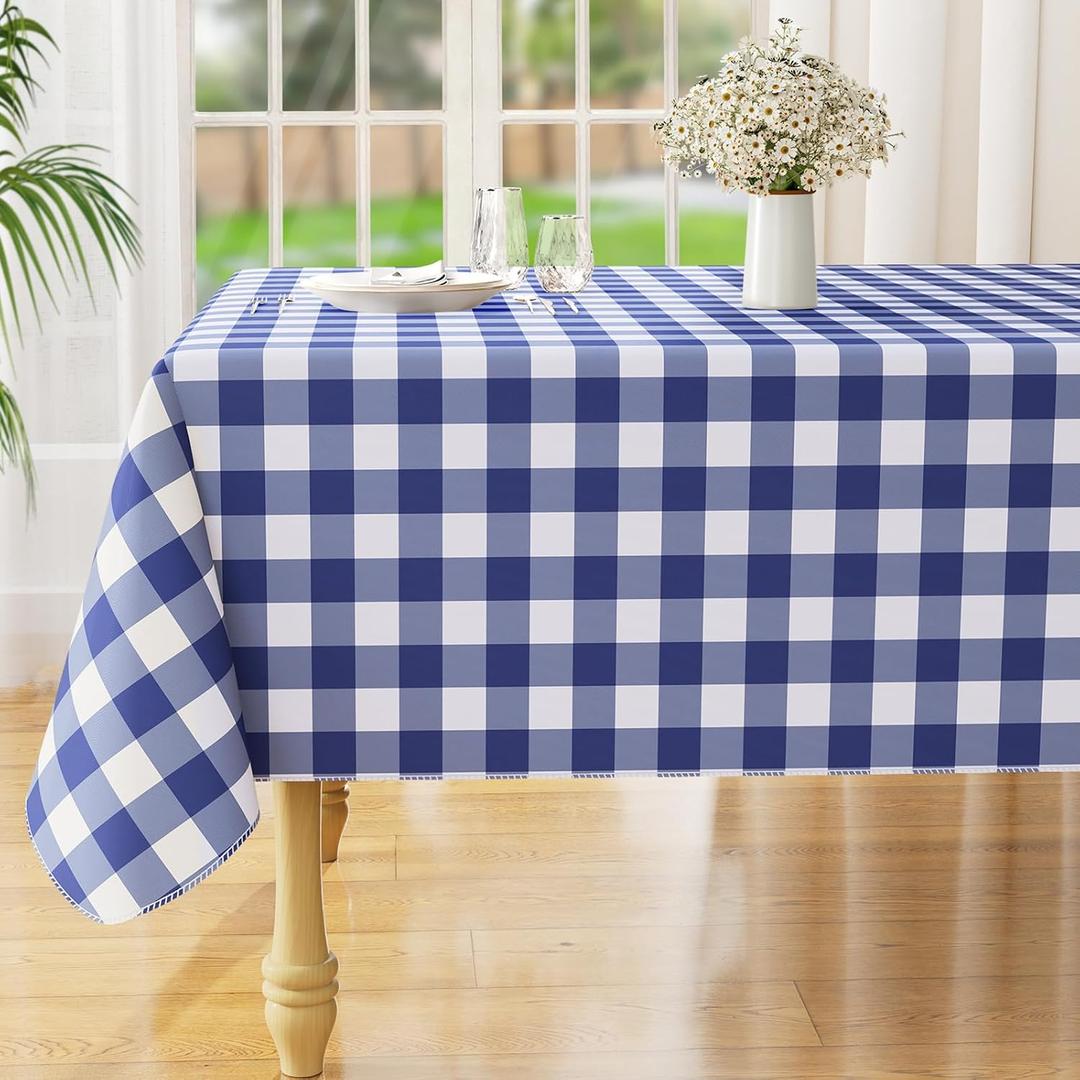 misaya Square Waterproof Vinyl Table Cloth, Buffalo Flannel Backed Tablecloth, Wipeable Plastic Table Cover for Dinner, Kitchen, Outdoor (70" x 70", White and Navy)